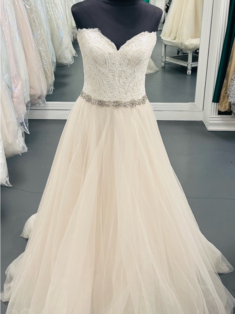 Allure Bridals Strapless Ivory Lace & Tulle Ballgown with Beaded Belt